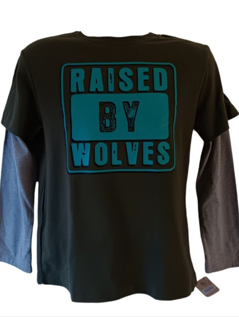 Crazy 8 "Raised by Wolves" boys green/gray long sleeve graphic t-shirt size XL